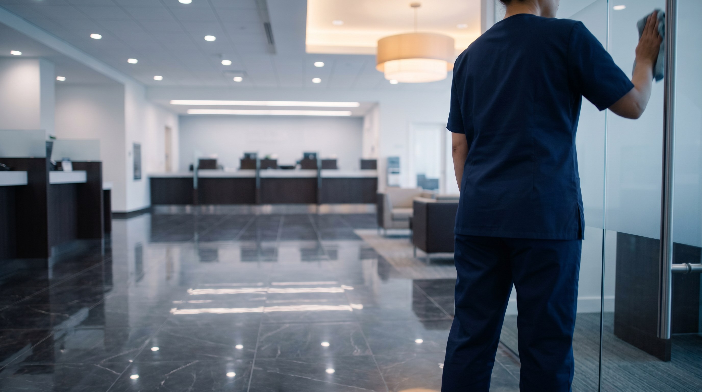 Technician detailing the glass wall of a polished bank lobby