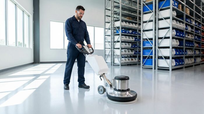 Technician operating a floor polisher in an industrial facility