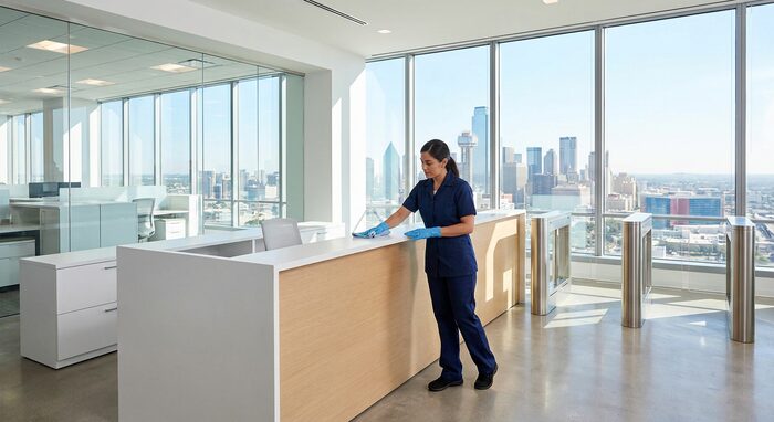 Cleaning technician wiping down a reception desk