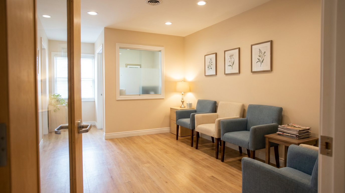 Clean, welcoming medical clinic waiting room with upholstered chairs and warm wood floors