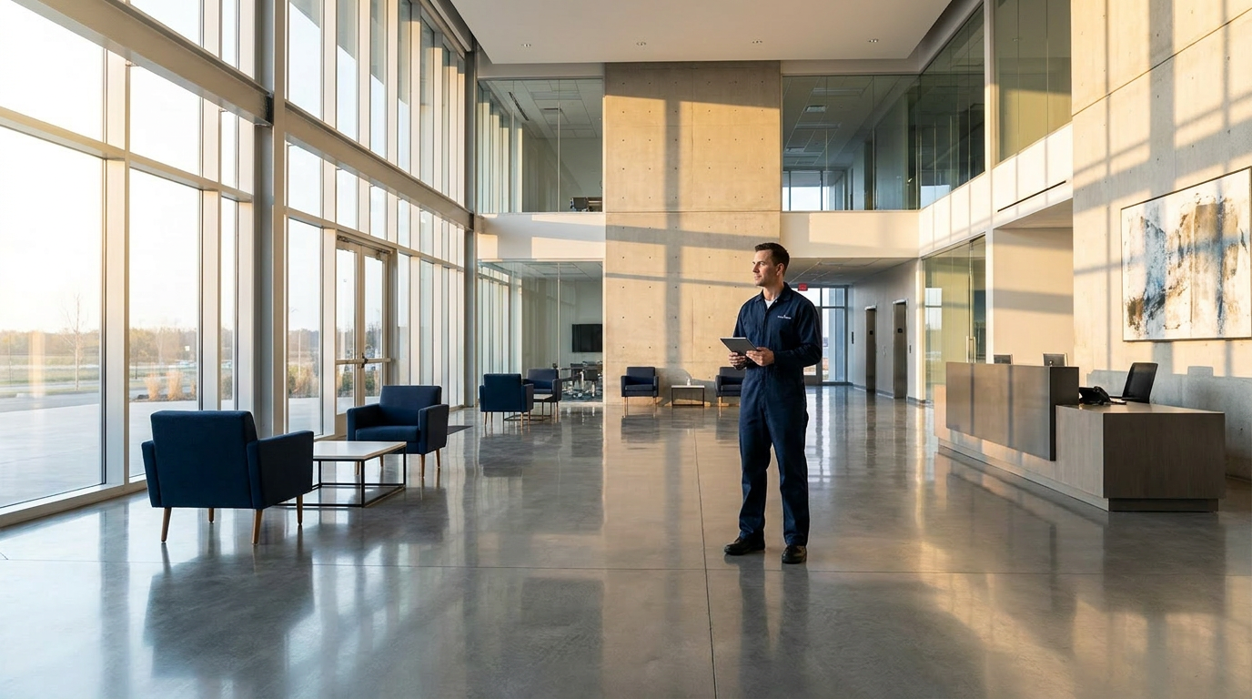 Calibrate Commercial technician in navy uniform reviewing a tablet in a sunlit corporate lobby