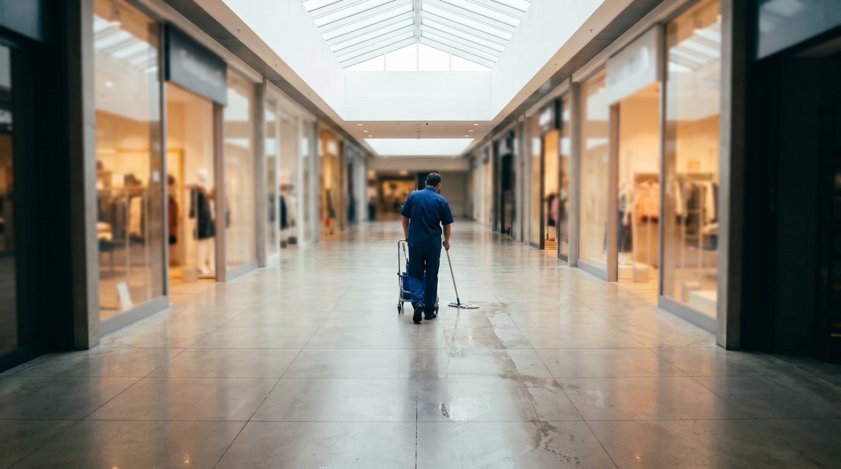 Technician mopping a bright, skylit retail shopping corridor